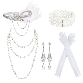Наборы реквизита для костюмов, включая длинное ожерелье из круглых бусин, имитирующих жемчуг из АБС-пластика., серьги сплава, перо повязки, браслет из натурального жемчуга на эластичной основе и длинная тканевая перчатка