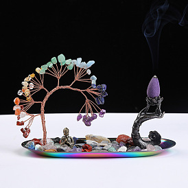 Natural crystal gravel rich tree incense burner life tree decorative ornament oval disk incense insert crystal tree ornament