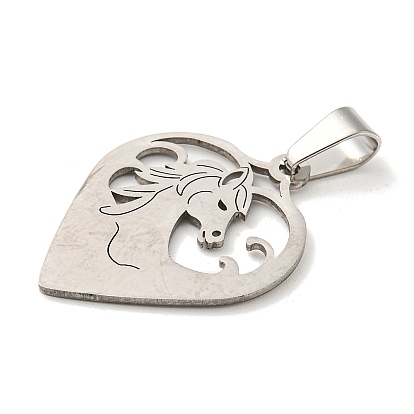 304 Stainless Steel Pendants, Laser Cut, Heart with Horse Charm
