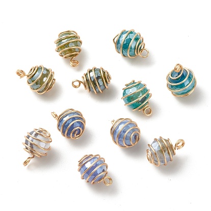 Pendentifs en agate naturelle électrolytique, avec du fil de cuivre enroulé, or, ronde à facettes