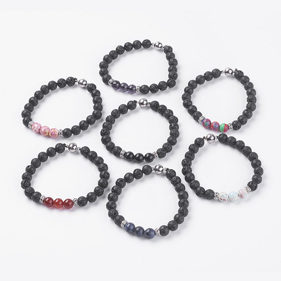 Natural Lava Rock Beads Stretch Bracelets, with Gemstone and Magnetic Clasp
