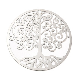 201 Stainless Steel Filigree Pendants, Etched Metal Embellishments, Flat Round with Tree of Life Charm