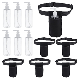 6шт. Пустые многоразовые пластиковые бутылки из ПЭТ с безвоздушным помповым дозатором, с 6шт. регулируемыми поясными сумками из полиэстера с нейлоновыми вставками для массажного масла и лосьона.