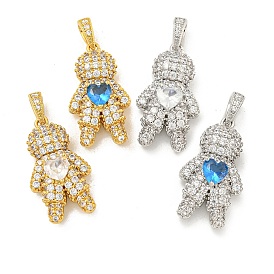 Rack Plating Brass Clear Cubic Zirconia Pendants, Long-Lasting Plated, Cadmium Free & Lead Free, Boy with Heart