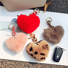 Adorable Plush Heart Bag Charm with Rabbit Fur and Leopard Print - Fashionable Keychain for Girls