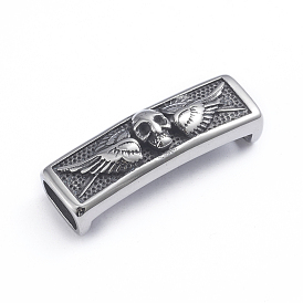 Retro 304 Stainless Steel Slide Charms/Slider Beads, for Leather Cord Bracelets Making, Rectangle with Skull and Wing