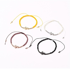 Adjustable Nylon Cord Braided Bead Bracelet, with Glass Seed Beads and Brass Micro Pave Clear Cubic Zirconia Cross Beads
