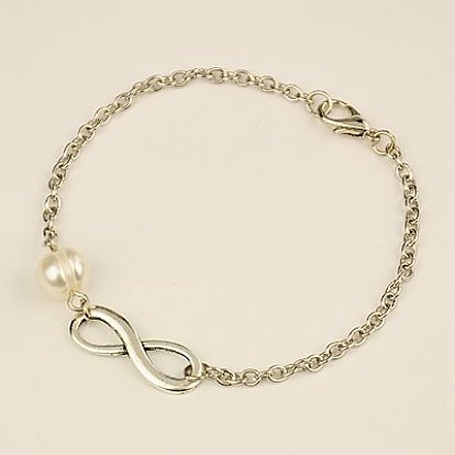 Мода тибетском стиле бесконечности ссылка браслеты, железные цепи с марки А жемчужные бусы и легкосплавные Lobster Claw застежками, 200 мм