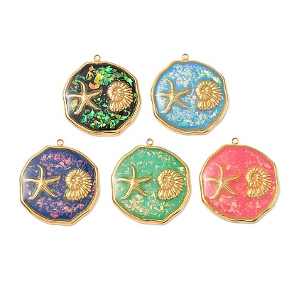 304 подвески из нержавеющей стали, эпоксидной смолы, с натуральными ракушками и пайетками внутри, плоские круглые подвески в форме морских звезд и ракушек, реальный 18 k позолоченный, вакуумное покрытие pvd