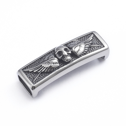 Retro 304 Stainless Steel Slide Charms/Slider Beads, for Leather Cord Bracelets Making, Rectangle with Skull and Wing