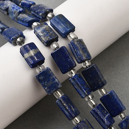 Нитки бусины из натурального ляписа-лазури, прямоугольные, с бисером