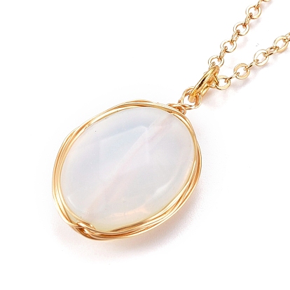 Faceted Synthetic Gemstone Wire Wrapped Pendant Necklaces, with Brass Cable Chains, Oval