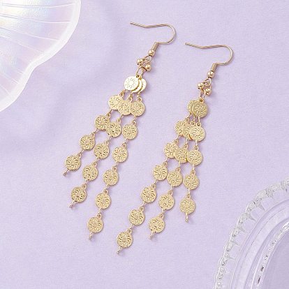 Плоские круглые латунные серьги-подвески с цепочкой и кисточкой, украшенные узором в виде солнца.