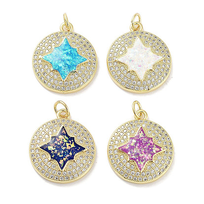 Brass Micro Pave Clear Cubic Zirconia Pendants, Cadmium Free & Lead Free, with Synthetic Opal, Real 18K Gold Plated, Flat Round with Star Charms