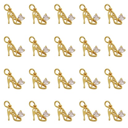 20 piezas de dijes de tacón de aguja de zirconia cúbica micro pavé de latón, con anillo de salto, larga duración plateado, zapatos de tacón alto, Claro