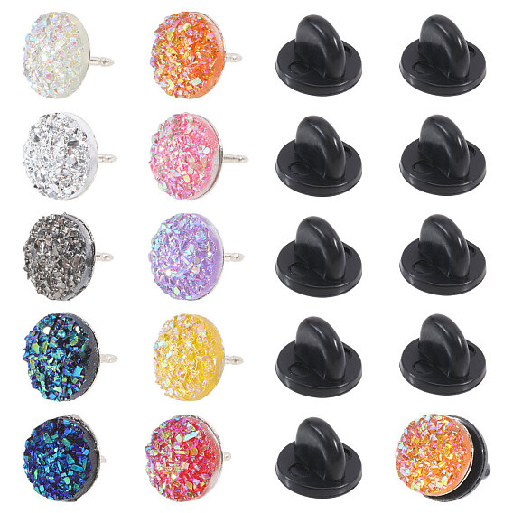 40шт 10 цвета друзы смолы с латунной брошью, платина, плоско-круглые
