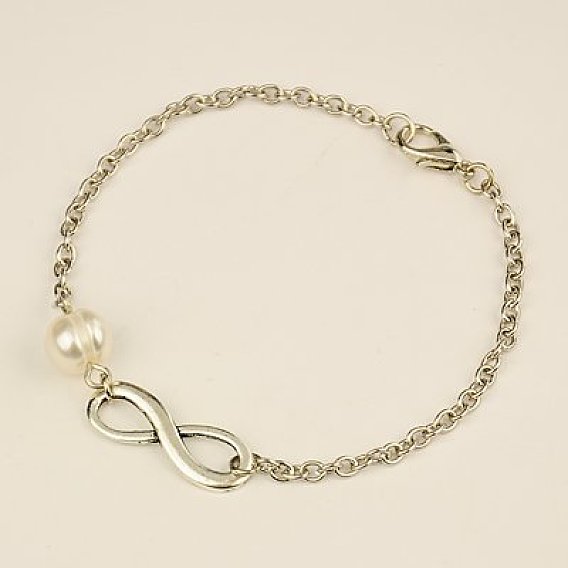 Мода тибетском стиле бесконечности ссылка браслеты, железные цепи с марки А жемчужные бусы и легкосплавные Lobster Claw застежками, 200 мм