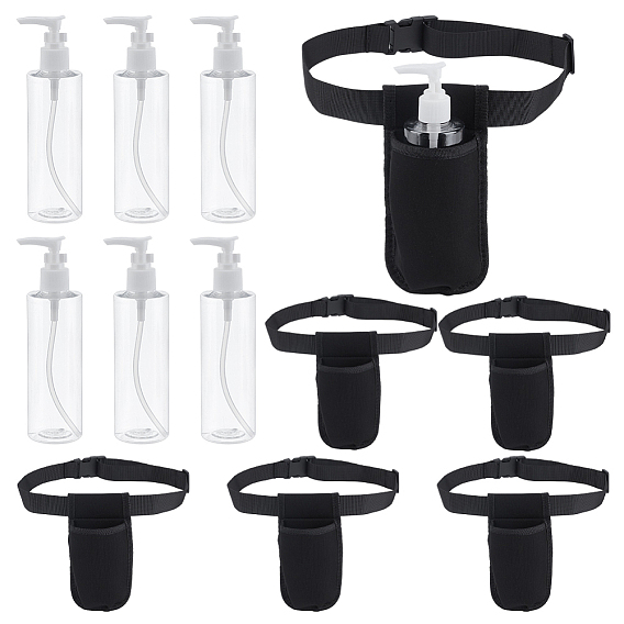 6шт. Пустые многоразовые пластиковые бутылки из ПЭТ с безвоздушным помповым дозатором, с 6шт. регулируемыми поясными сумками из полиэстера с нейлоновыми вставками для массажного масла и лосьона.
