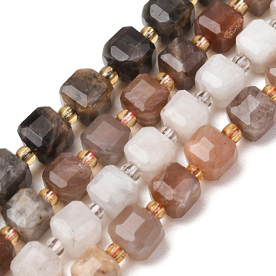 Natural Moonstone Beads Strands, Faceted Table Cut Cube Beads, with Seed Beads