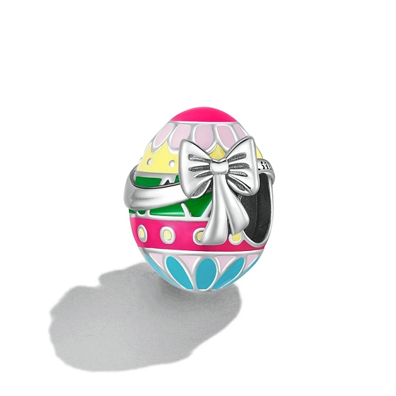 Sterling Silver European Beads, Large Hole Beads, with Colorful Enamel, Easter Egg with Bowknot