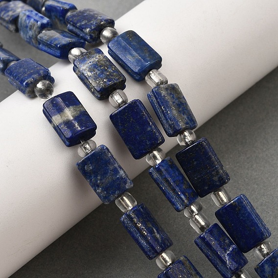 Нитки бусины из натурального ляписа-лазури, прямоугольные, с бисером