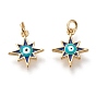 Brass Charms, Cadmium Free & Lead Free, with Enamel and Jump Rings, Long-Lasting Plated, Star with Evil Eye, Blue