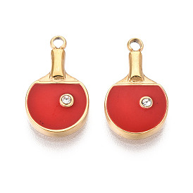 304 подвески из нержавеющей стали с хрустальными стразами и эмалью, ракетки для пинг-понга, ионное покрытие (ip), реальный 18 k позолоченный