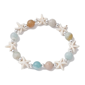 Pulsera elástica con cuentas de piedras preciosas mixtas naturales y sintéticas, Tema oceánico, estrella de mar