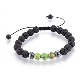Natural Lava Rock and Non-Magnetic Synthetic Hematite Beads Braided Bead Bracelets, with Mixed Gemstone
