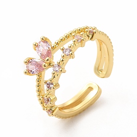 Pink Cubic Zirconia Heart Open Cuff Ring, Brass Jewelry for Women