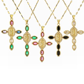 Colorful Cross Pendant Necklace with Zirconia and Virgin Mary Design