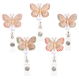 CHGCRAFT 5 Pcs 5 Colors Butterfly Rhinestone Badge Reel, Retractable Badge Holder, with Iron Alligator Clip, Lightweight & Easy Retracting