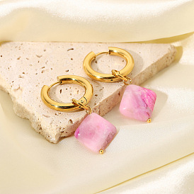 Pink Natural Stone Pendant Earrings - European and American Style, Stainless Steel, Double-layer Gold Plating.