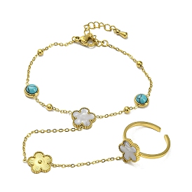 Bracelet à maillons demi-ronds turquoise synthétique avec anneau de manchette ouvert en forme de fleur de coquillage synthétique, placage ionique (ip) 304 bracelets en acier inoxydable
