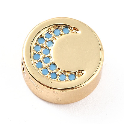 Rack Plating Brass Micro Pave Cubic Zirconia Beads, Cadmium Free & Lead Free, Real 18K Gold Plated, Flat Round with Moon Pattern