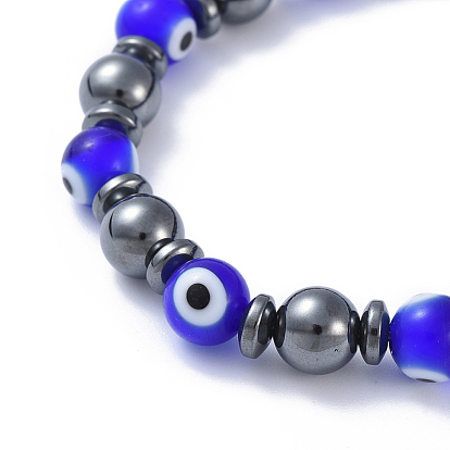 Handmade Evil Eye Lampwork Beads Stretch Bracelets, with Non-Magnetic Synthetic Hematite Beads, Round