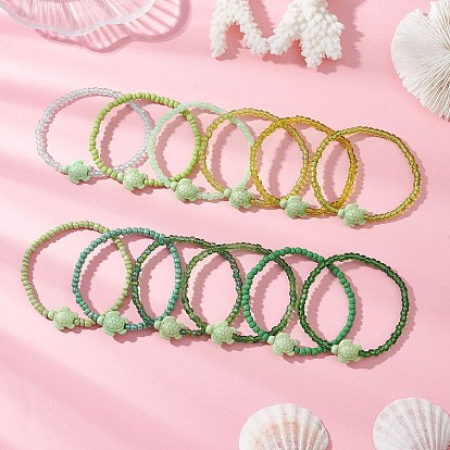 12шт. браслетов из окрашенного синтетического материала в виде черепахи, Эластичные браслеты из стеклянного бисера для женщин, Морская черепаха