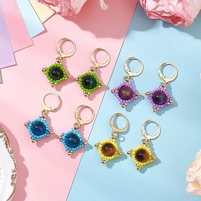 Серьги-подвески из натурального тигрового глаза, с 304 фурнитурой для сережек с застежкой-ангелом из нержавеющей стали и стеклянными бусинами, золотые