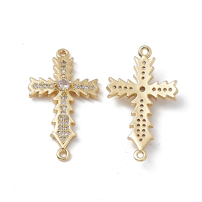 Rack Plating Brass Micro Pave Clear Cubic Zirconia Connector Charms, Lead Free & Cadmium Free, Religion Cross Links