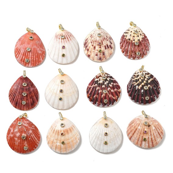 Natural Shell Pendants, Shell Shape Charms, with Brass Micro Pave Random Color
 Cubic Zirconia Findings
