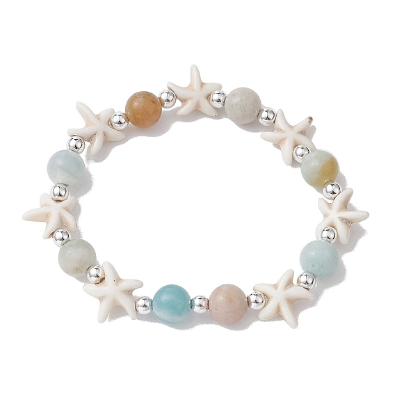 Natural & Synthetic Mixed Gemstone Beaded Stretch Bracelet, Ocean Theme, Starfish
