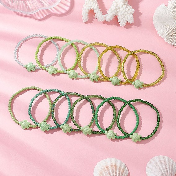 12шт. браслетов из окрашенного синтетического материала в виде черепахи, Эластичные браслеты из стеклянного бисера для женщин, Морская черепаха