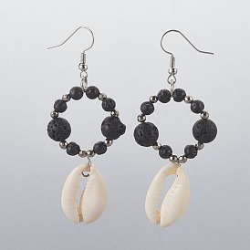 Cowrie Shell Dangle Earrings, with Electroplate Non-magnetic Hematite Beads, Lava Rock Round Beads and 304 Stainless Steel Earring Hooks