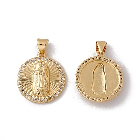 Brass Micro Pave Clear Cubic Zirconia Pendants, Cadmium Free & Nickel Free & Lead Free, Rack Plating, Flat Round with Virgin Pattern