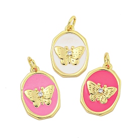 Rack Plating Brass Enamel Pendants, with Jump Ring, Cadmium Free & Lead Free, Long-Lasting Plated, Real 18K Gold Plated, Oval with Butterfly Charm