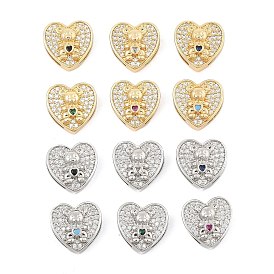 Brass Micro Pave Cubic Zirconia Slide Charms, Long-Lasting Plated, Heart with Bear