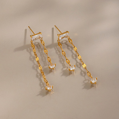 304 Stainless Steel Micro Pave Cubic Zirconia Rectangle Stud Dangle Earrings, Dapped Chains Tassel Earrings, Long-Lasting Plated