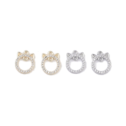 Brass Micro Pave Clear Cubic Zirconia Connector Charms, Hollow Cat Links
