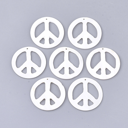 Freshwater Shell Pendants, Flat Round with Peace Sign