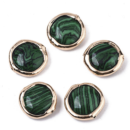 Perles synthétiques malachite, avec bord en pâte polymère plaquée or clair, plat rond